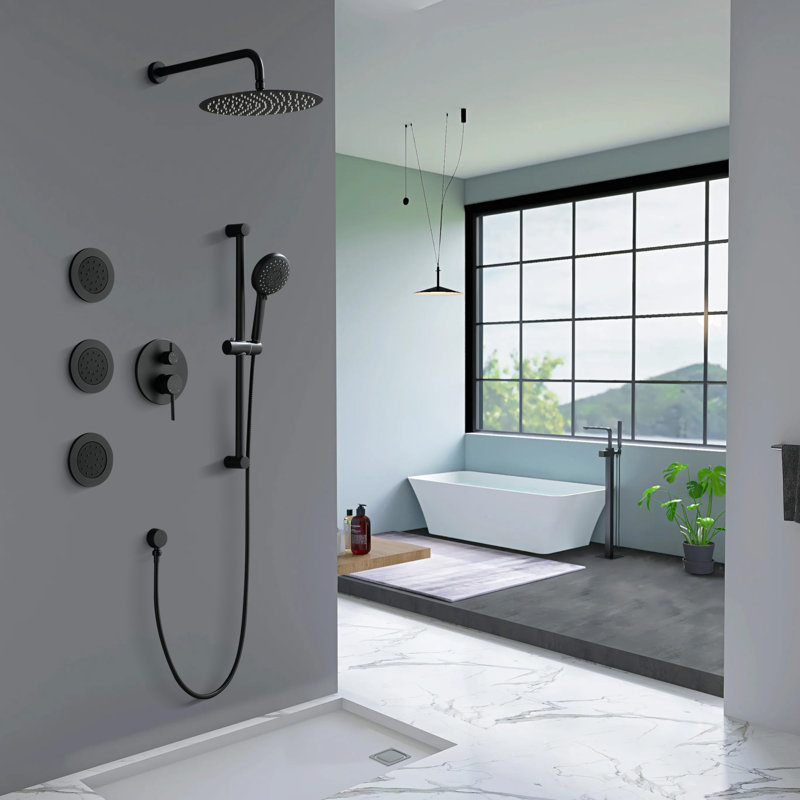 Système de douche à barre coulissante 12 po, ensembles de douche ronds, pomme de douche à pluie complète et combiné à 3 jets, fixation murale