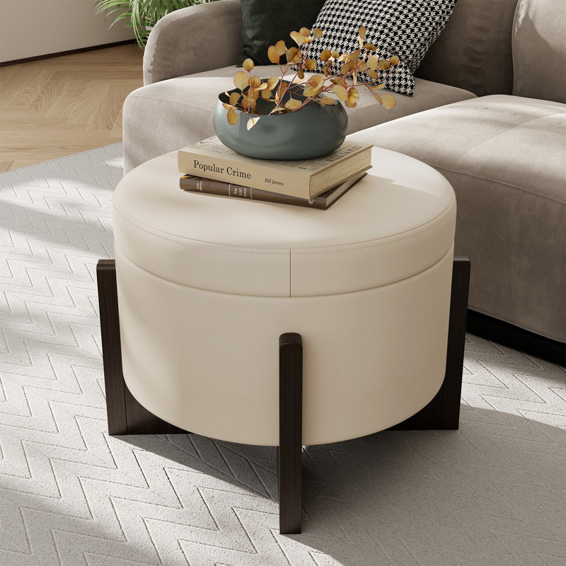  Faux Leather Upholstered Round Ottoman with Storage, Beige
