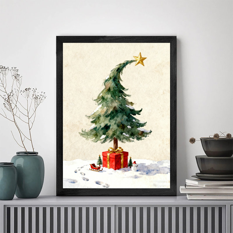 Arbre de Noël noir encadré noir avec cadeaux emballés, impressions encadrées de style rétro, H 25 po x l 17 po