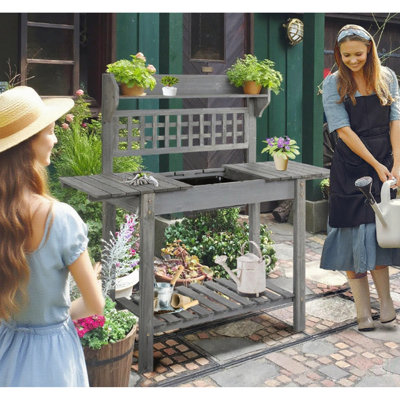 Outdoor Potting Bench Table, Wooden Workstation , Storage Shelf And Dry Sink,