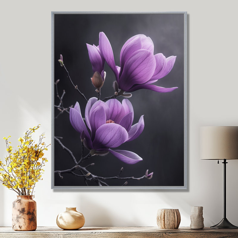 «Mauve», impression fantaisiste, Magnolias, impression d'art mural, Encadrement argenté, H 16 po x l 32 po