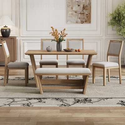 Ensemble de table de salle à manger 6 pièces pour 6 personnes, ensemble de 4 tables de cuisine en bois avec banc, base en tréteaux pour cuisine moderne et traditionnelle