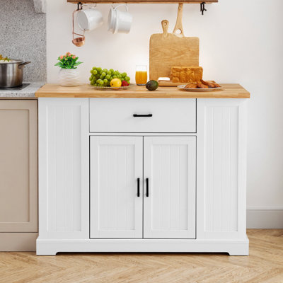 Armoire d'îlot de cuisine blanche avec tiroirs, chariot de rangement, chariot de service mobile pour la cuisine avec portes et tablettes