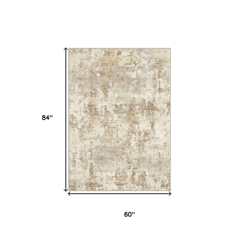 Tapis lavable abstrait brun doré et ivoire 5 pi x 7 pi