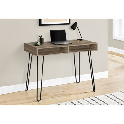 Bureau d'ordinateur avec rangement pour tiroir, stratifié taupe, assemblage de pieds en métal pour fins d'étude, finition en stratifié foncé, pieds