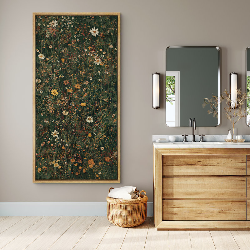 «Daisy Wildflowers Vintage Botanical Field Illustration Modern Art - Extra Large», reproduction d'art sur toile encadrée
