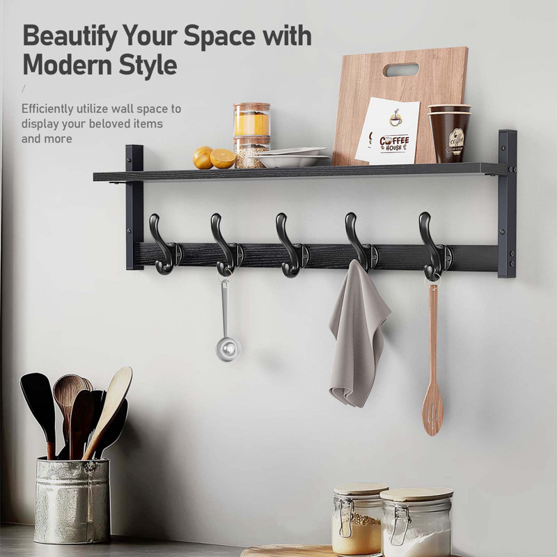 Portemanteau mural 29 "avec tablette, crochets muraux pour entrée et tablette, Noir