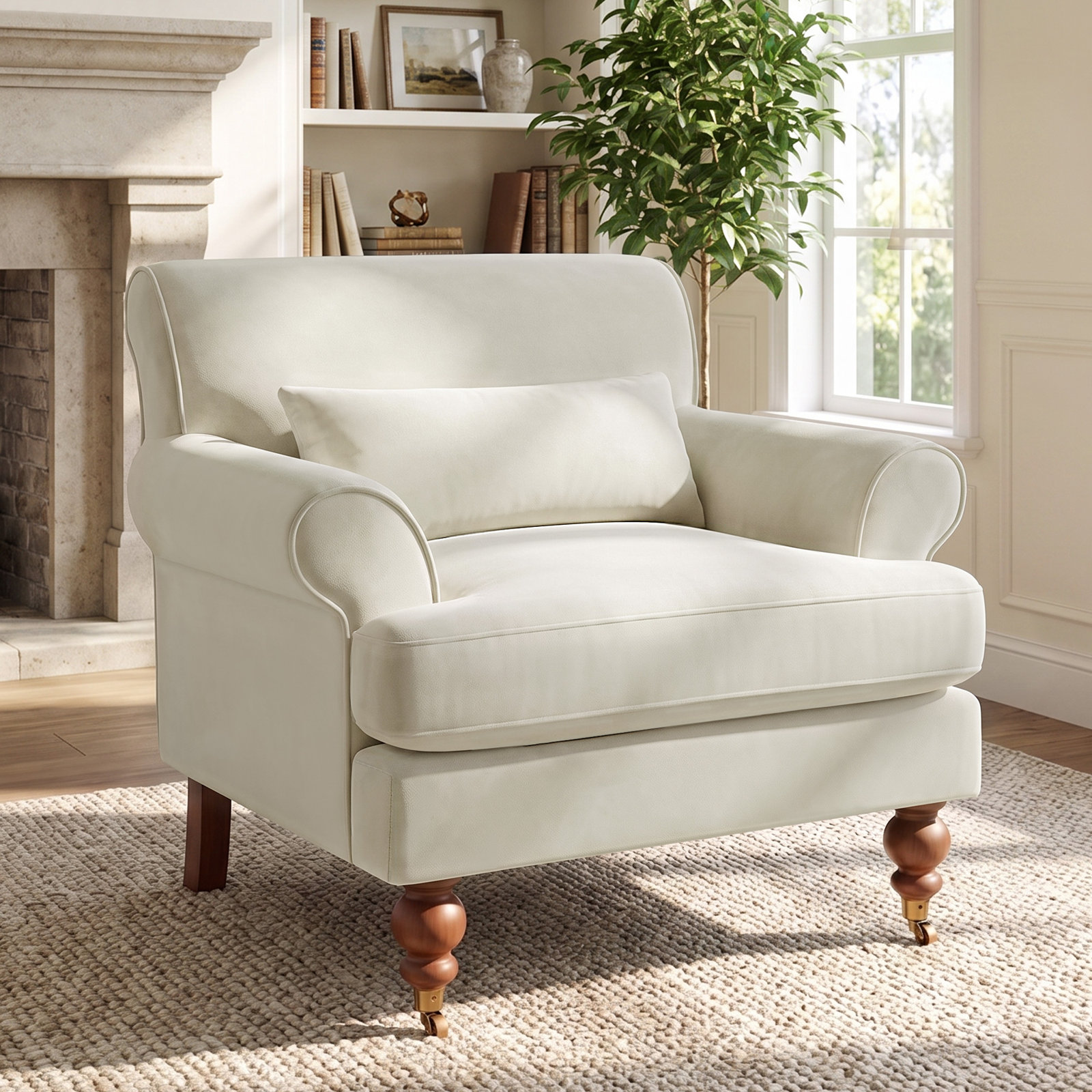 39.37‘’Rolled Arm Accent Chair with an Oversized Deep Seat, Ecru Velvet