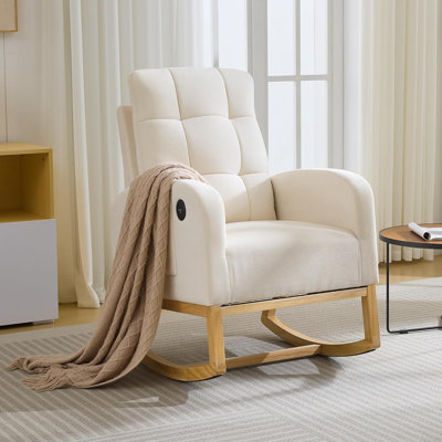 Chair with Nursery Rocking Chair - Linen Upholstered Glider Rocker with Side Pocket, Footrest, High Back Nursing Chair with Wood Legs, Modern Accent A