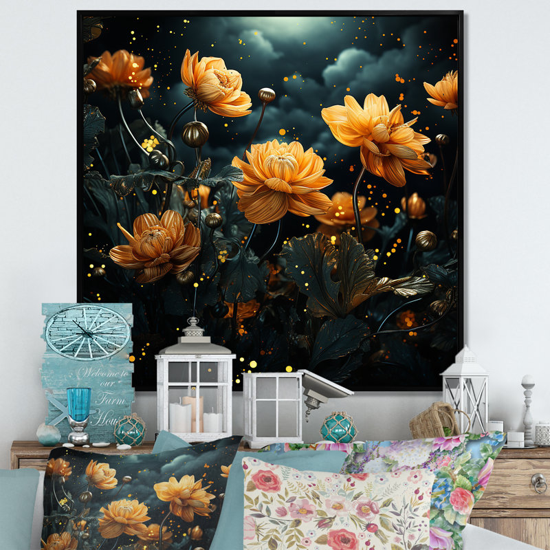 Nuit étoilée fleur de souci 2 - art mural souci, Cadre flottant noir, H 30 po x l 30 po x P 1,5 po