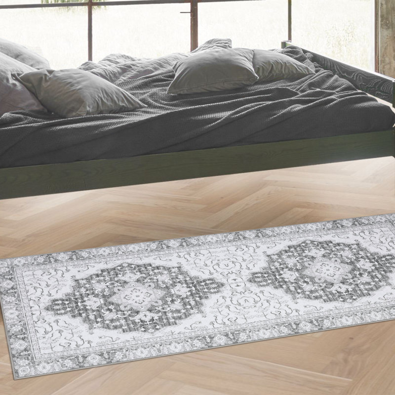 Washable Boho Vintage Distressed Runner Rug, Low Pile Non Slip Foldable Printed Indoor Carpet, Belgian Velvet, Light Gray Tone, 2'x6'