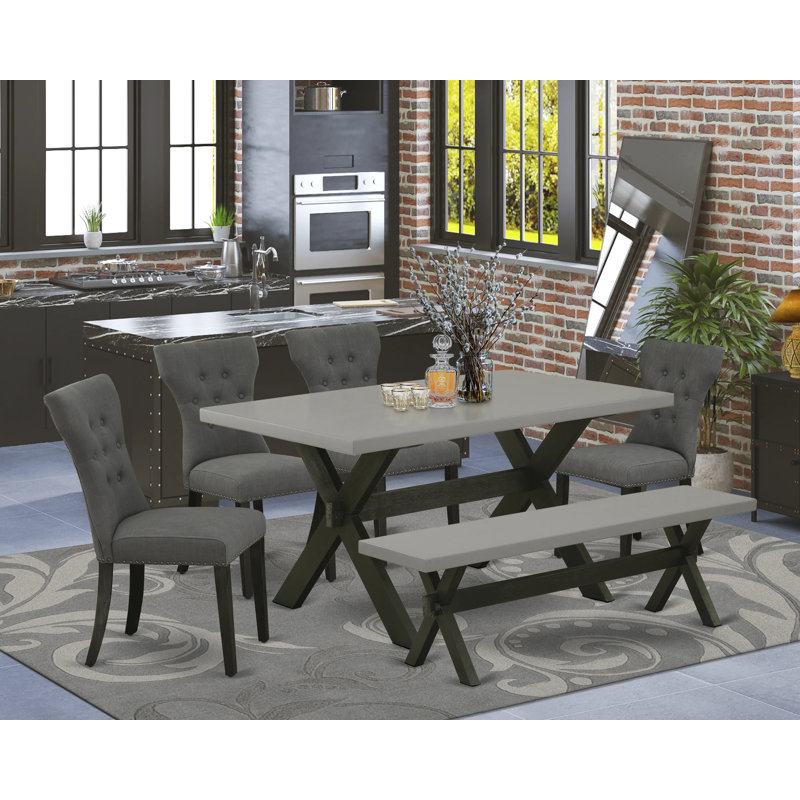 6 Piece Dining Set Contains a Rectangle Dining Room Table with X-Legs and 4 Dark Gotham Linen Fabric Parson Chairs with a Bench, Wire brushed Black