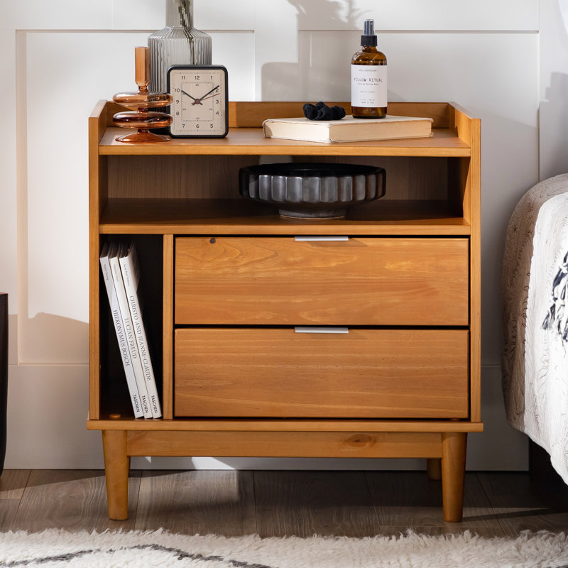 Mid-Century Modern Solid Wood 2-Drawer Gallery Nightstand, Nightstand, Caramel