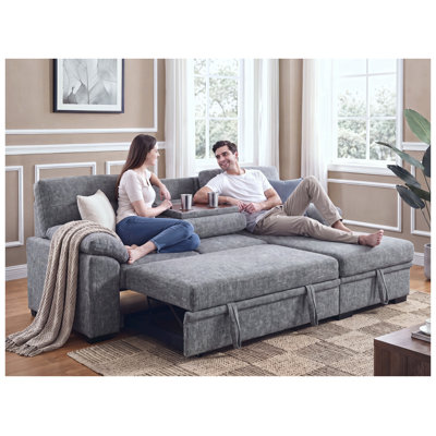 Canapé d'angle convertible Kipling II de 95 po en chenille gris pâle avec méridienne à droite, porte-gobelets et ports USB
