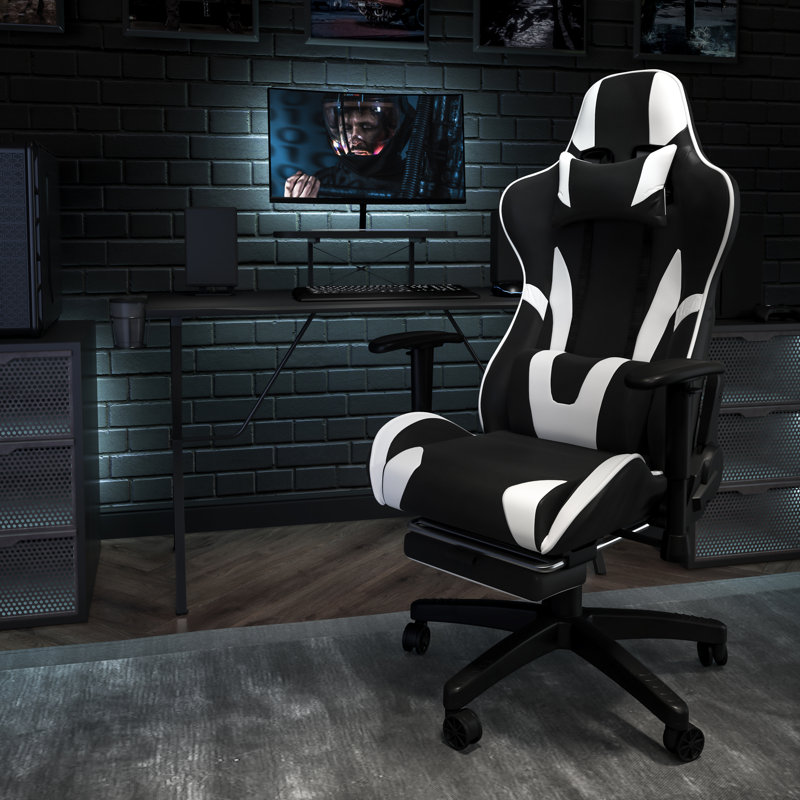 Ergonomic LeatherSoft Computer Gaming Chair with Fully Reclining Back and Slide-Out Footrest, White
