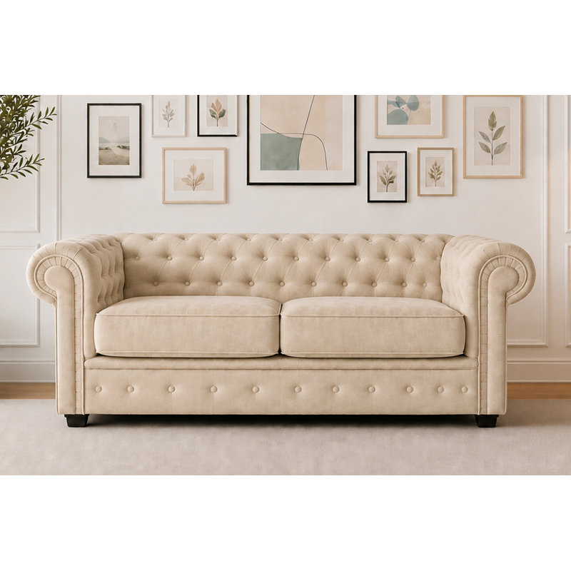 Allegra Chesterfield 3 Seater Sofa, 28,35" H x 76.38" W x 35" D, Cream