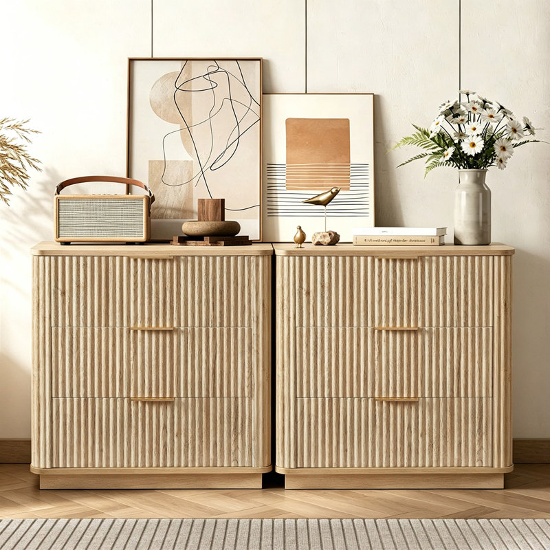 27.6"W Fluted 3 Drawers Dresser Nightstand, Oak