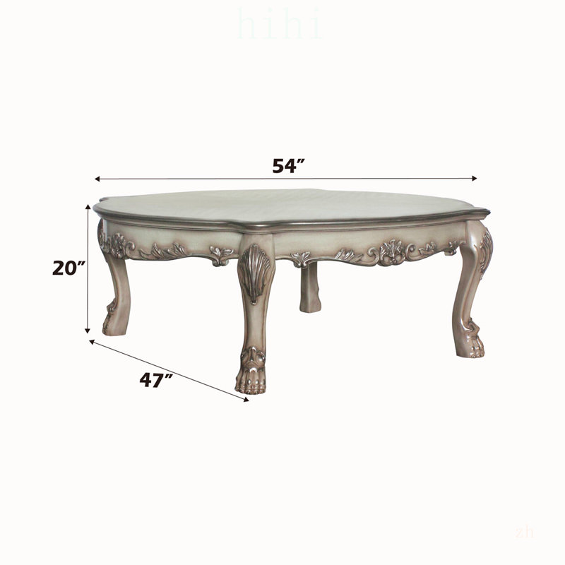 Table basse Dresden Vintage fini blanc cassé avec des motifs floraux complexes et des pattes griffes surdimensionnées, parfaite pour les espaces de vie élégants.