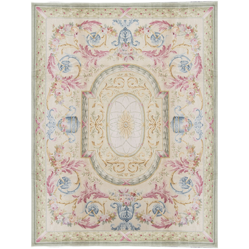 Tapis beige et vert noué à la main de haute qualité