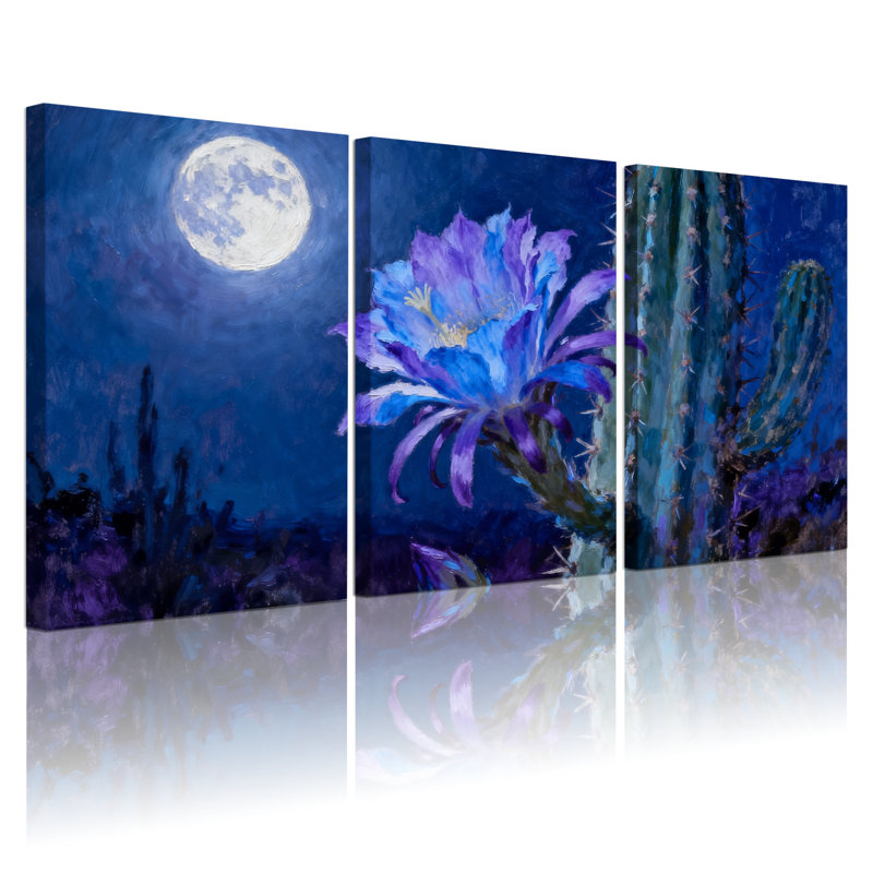 Cactus au clair de lune, fleurs de cactus, nuit, ensemble de 3 reproductions d'art sur toile, H 24 po x l 48 po