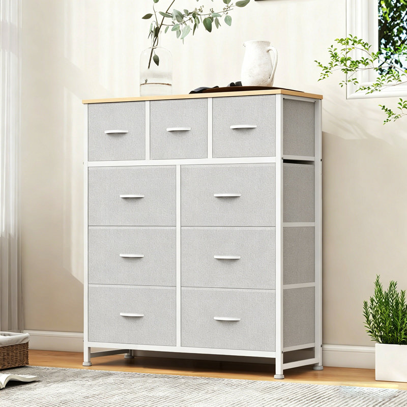 Commode 9 tiroirs, commode avec tiroir large 39,4 po, tissu facile à tirer et commode en bois avec plateau, Light Grey