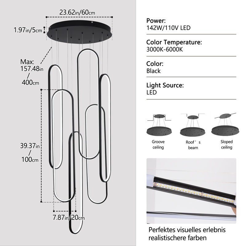 6 Rings Modern Led Chandeliers For Foyer Entryway High Ceiling,dimmable Long Staircase Chandeliers, Flush Mount 2700k-6000k