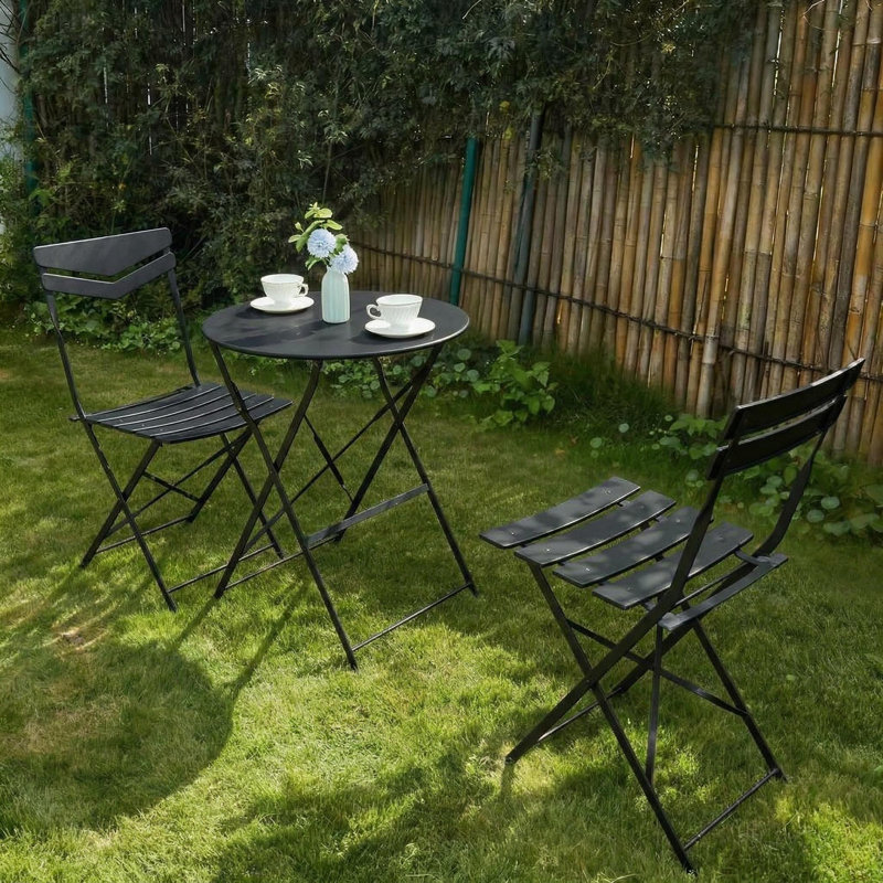 3-Piece Outdoor Metal Patio Furniture Set, Curved Back Steel Bistro Set, Black, Black