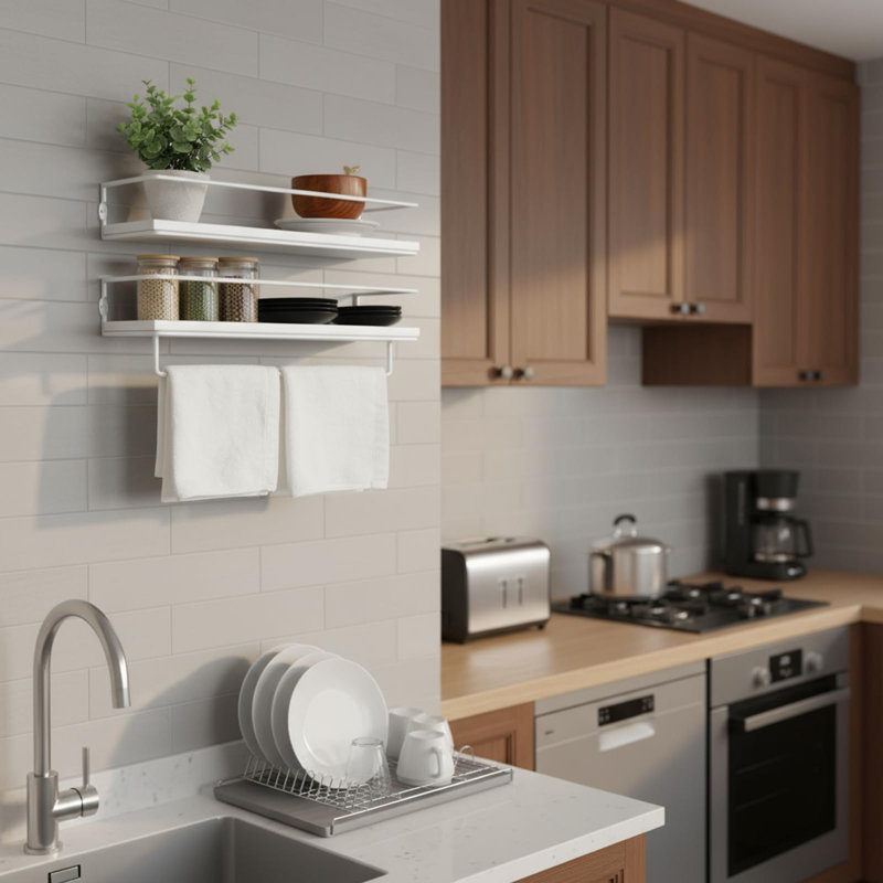 Floating Bathroom Shelves Set Of 2 Wall Mounted Shelf With Metal Frame And Towel Rack, White, White