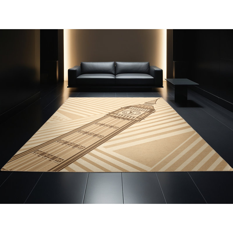 Machine Washable Orsolya London Big Ben Classic Striped Rug in Brown – Beige Binding, 7x10