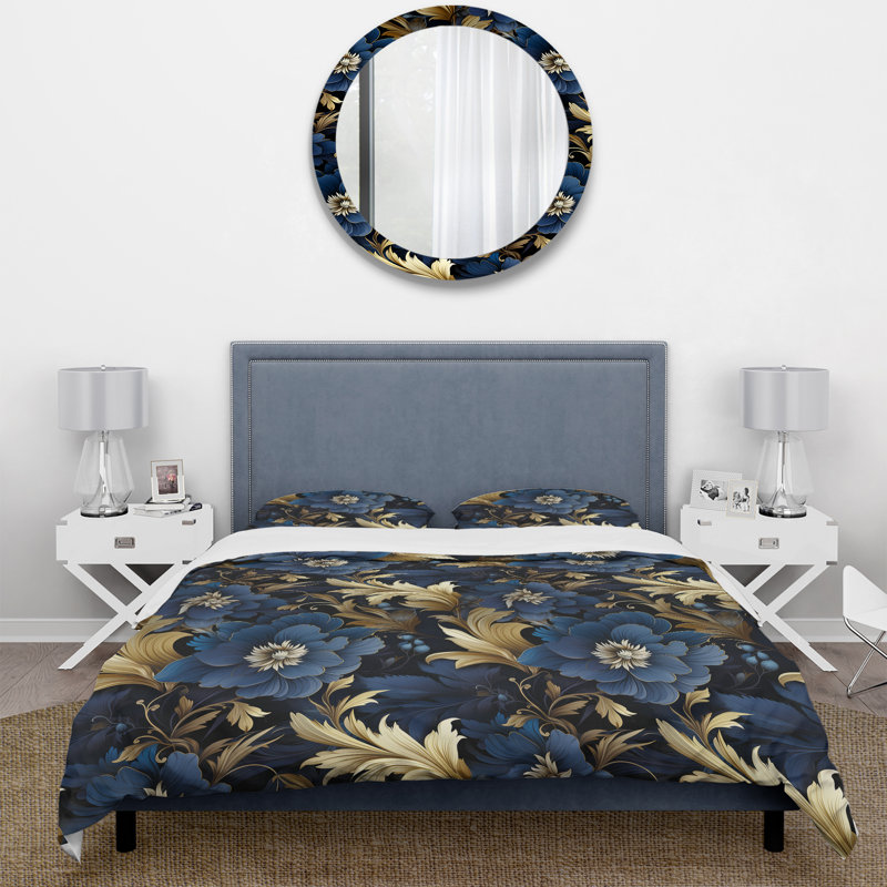 Mystical Blue Damask Mirage - Ensemble de housse de couette damassé - Microfibre de polyester