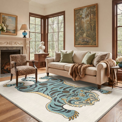 Tigris Animal Print Machine Washable Beige / Blue Indoor Area Rug with Non-Slip Backing