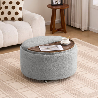 Modern Round Storage Ottoman with Split Wooden Tray, Rolling Casters, Upholstered Boucle Footrest Coffee Table for Living Room