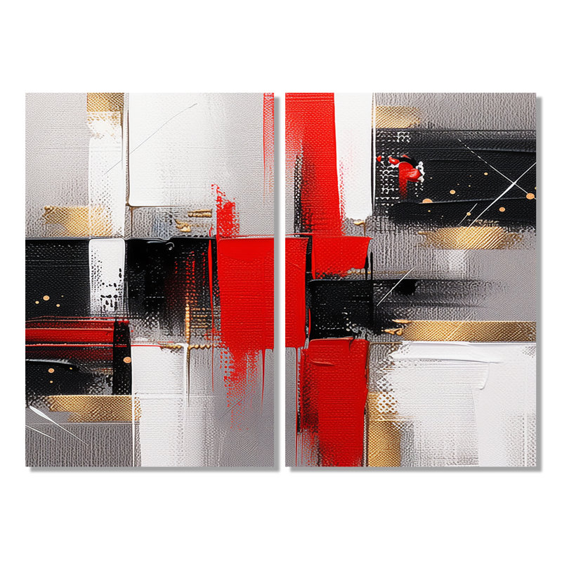 «I» - Cubisme rouge et doré, H 36 po x l 48 po, Toile tendue, Ne s’applique pas