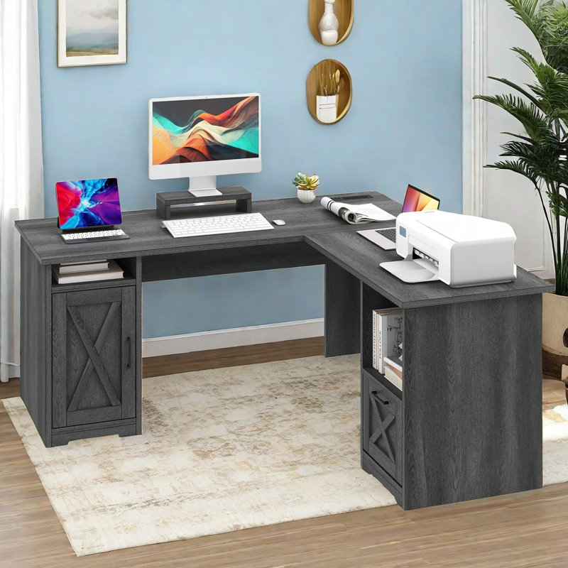 Daneka L-Shaped Computer Desk with Built-In Electrical Outlet, Gray