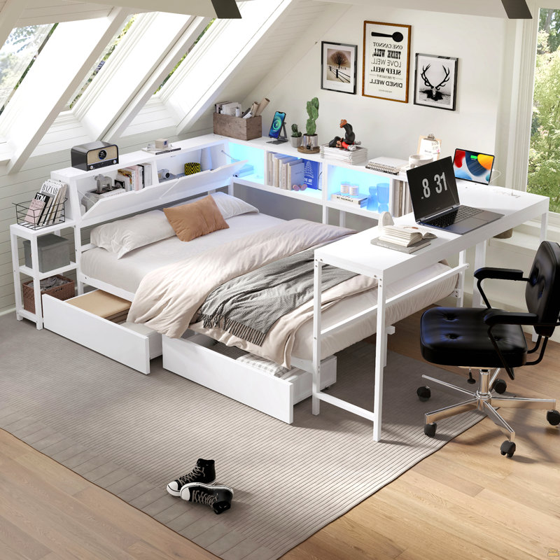 Structure de lit d'angle pour lit simple avec bibliothèque et 2 tiroirs de rangement sous le lit, lit moderne avec lumière DEL et station de charge, interchangeable gauche et droite, blanc