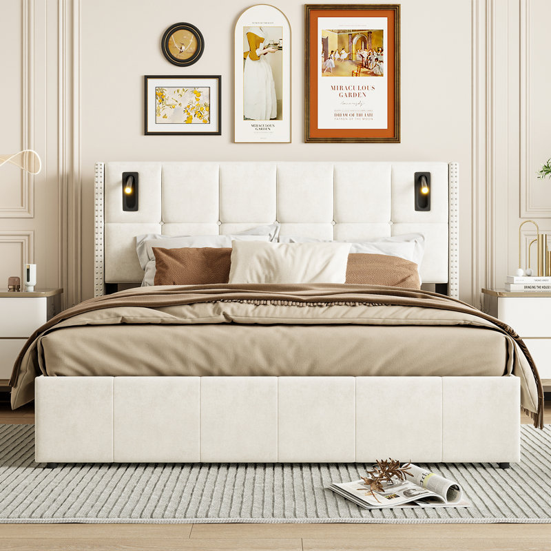 Upholstered Ottoman Storage Bed, Beige, European Kingsize (160 x 200 cm)