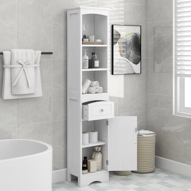 Armoire de salle de bain haute, armoire de rangement autoportante avec tiroir, panneau de fibres à densité moyenne, tablette réglable
