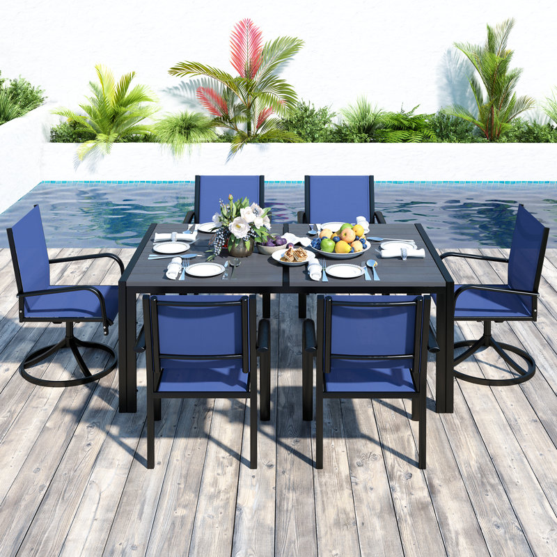 7-Piece Outdoor PVC-coated polyester Patio Dining Set, Large Table & 4 Stackable & 2 Swivel Chairs With PVC-coated polyester Mesh Fabric, All Weather Patio Furniture Set