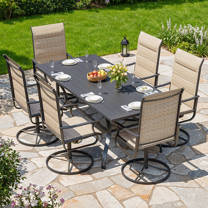 7-Piece Outdoor Swivel Patio Dining Sets, 360° Rotation Metal Frame Patio Chairs with Thickened Teslin Fabric, Armrest Outdoor Dining Chairs for Deck, Backyard