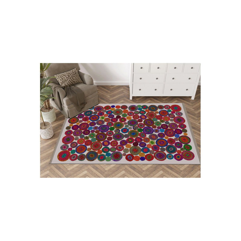 Multicolor Geometric Circle Pattern Modern Machine Washable Decorative Rug, Runner 4'11" x 9'10" Rug Pad Included