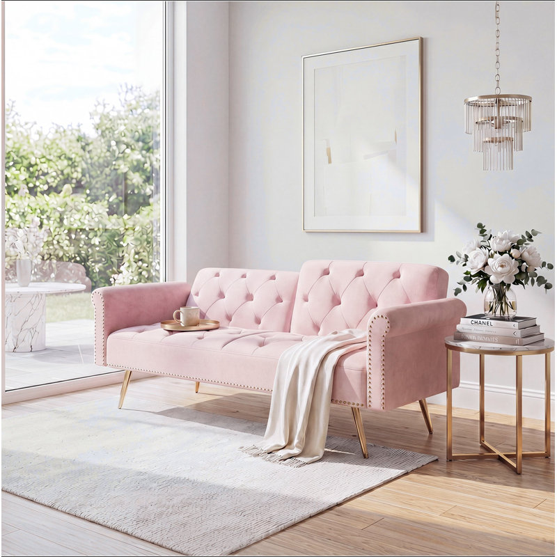 Canapé-lit convertible 69,7 po en velours rose ultra doux, garniture cloutée et coussin décoratif assorti
