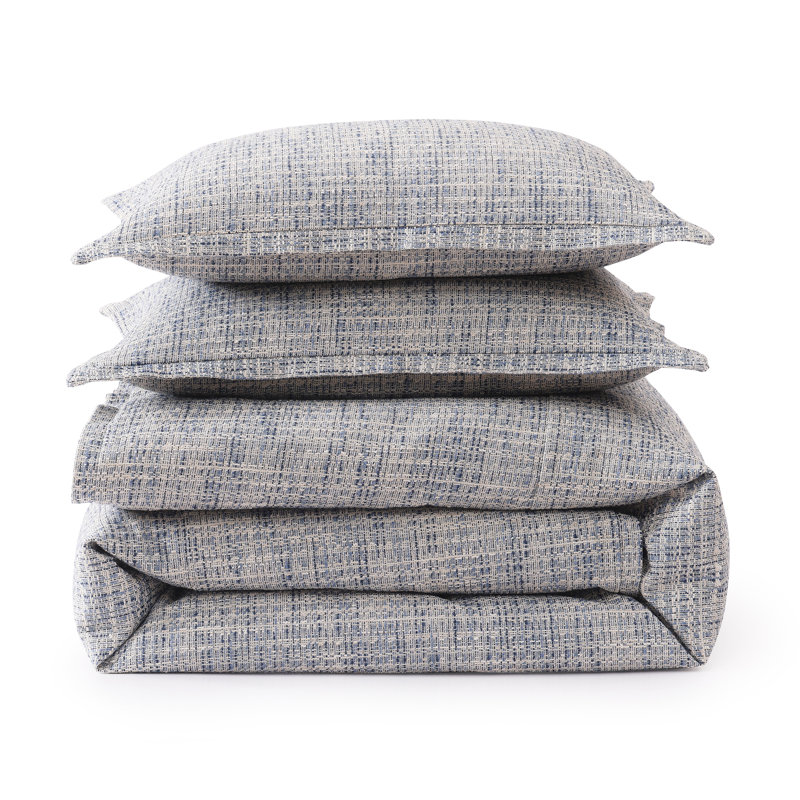 Tweed Solid Color Classic Modern Rustic Woven Comforter Set, Queen Comforter + 2 Standard Shams, Blue