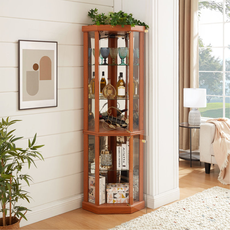 Corner Lighted Curio Cabinet Corner Glass Cabinet Lighted Curio Cabinet Corner Display Case For Living Room, Curio Cabinet, Antique Collection, Wine,Bar Glass Storage Light Included,Dark Oak