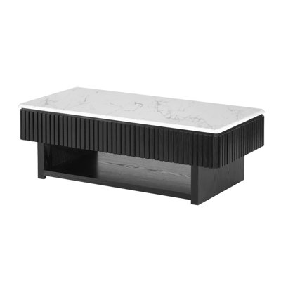 Modern Rectangle Lift Top Coffee Table With Hidden Storage, Drawer, And White Marble-Pattern Top – Fluted Solid Wood Center Table For Small Living Rooms