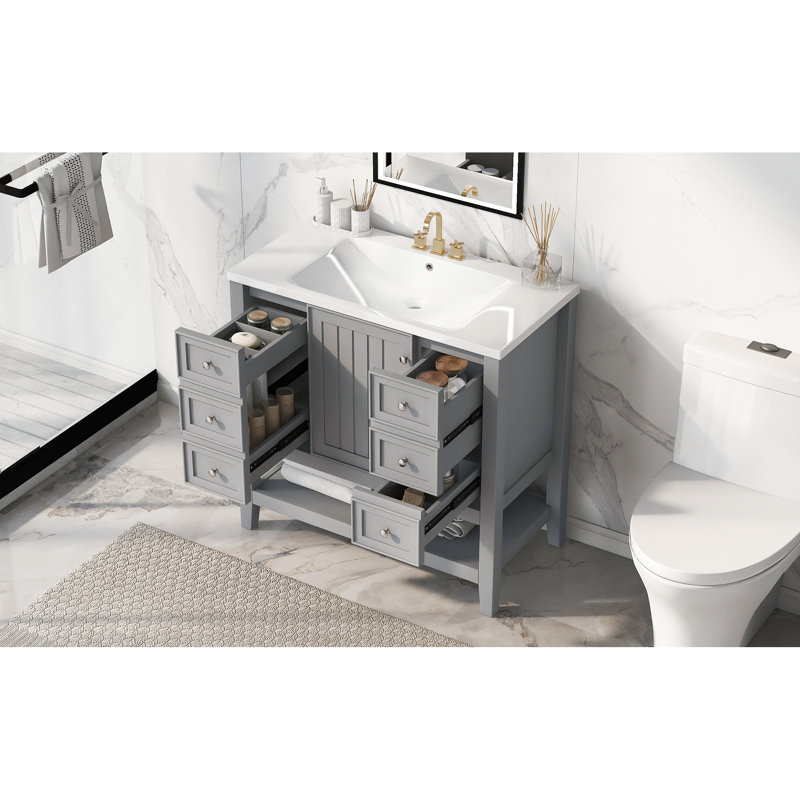 Meuble-lavabo de 36 po avec lavabo en céramique élégant, une armoire, trois tiroirs, meuble-lavabo en bois d'hévéa massif et peint en gris, style autoportant, installation encastrée, tablette centrale réglable