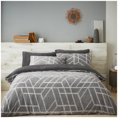Teddy Fleece Geo Pattern Duvet Cover Set with Pillowcases, Soft Warm Winter Quilt Cover Bedding, Easy Care and Machine Washable