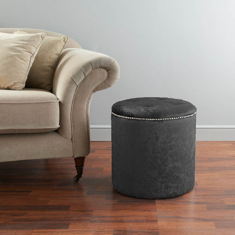 Hepner Velvet Tufted Round Solid Colour Pouffe Ottoman, Black