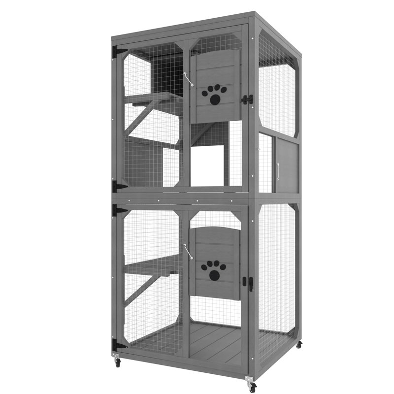 4 - Chat avec raccordement de fenêtre, toit, 3 plateformes de saut et abri de repos extérieur gris, plateformes, grillage métallique de toit imperméable