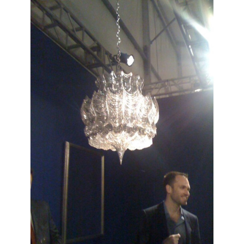 Lustre clair en laiton et poire en cristal Aladin, 12” Dia x 10" Height, Bleu, Laiton poli