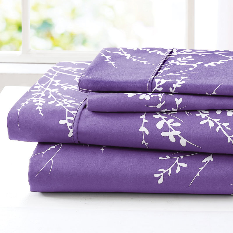 Purple Floral Twin Microfiber Polyester Sheet Set